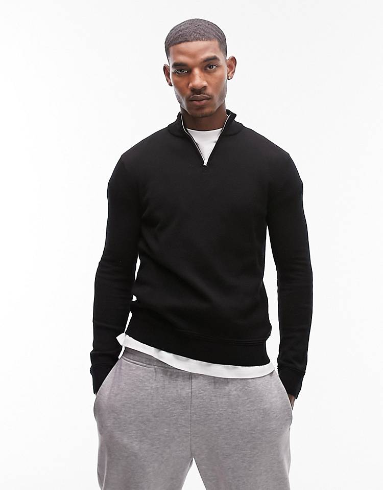 Topman essential knitted 1/4 zip sweater in black